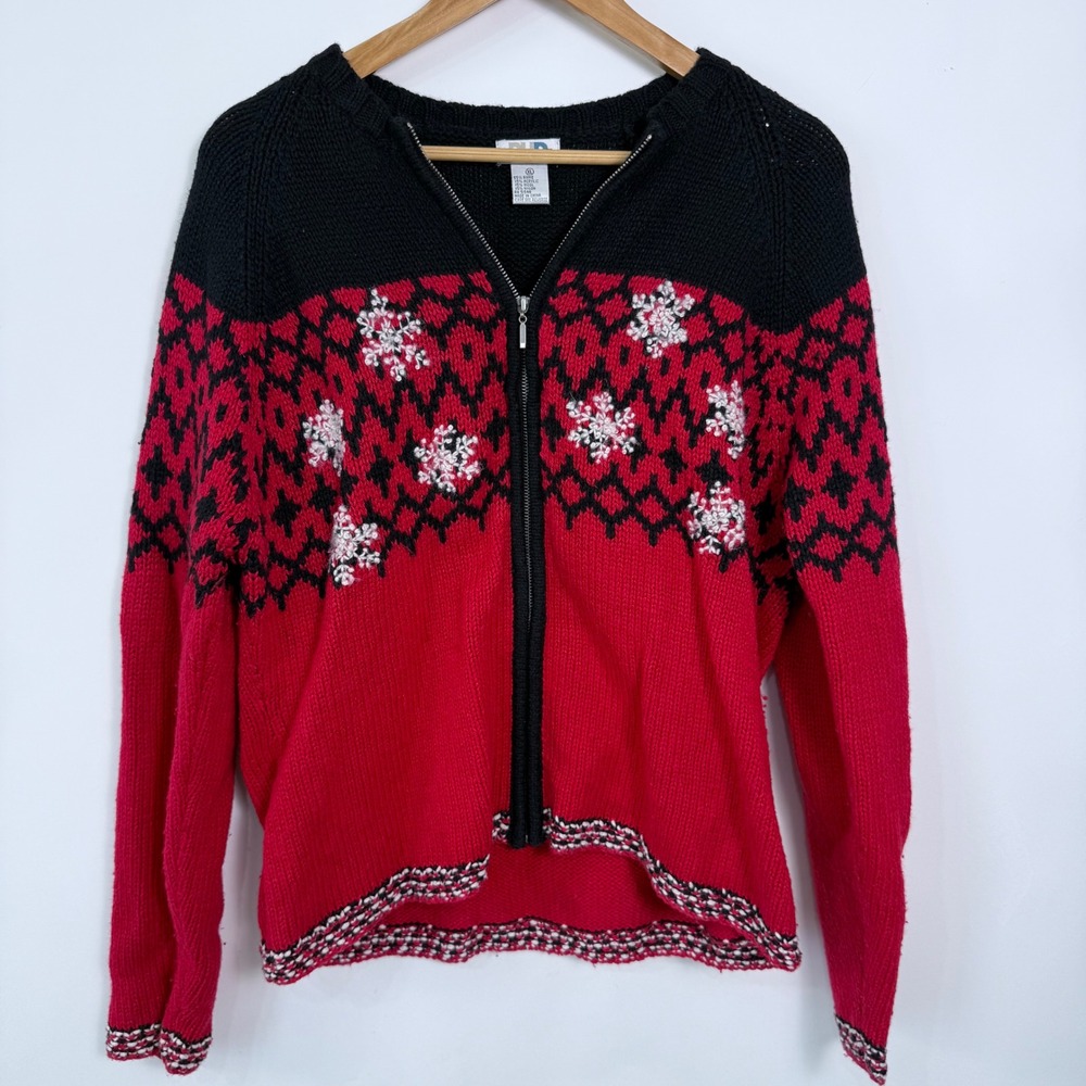 Vintage Paul Harris Snowflake Embellished Zip Up Cardigan‎ Sweater Womens XL